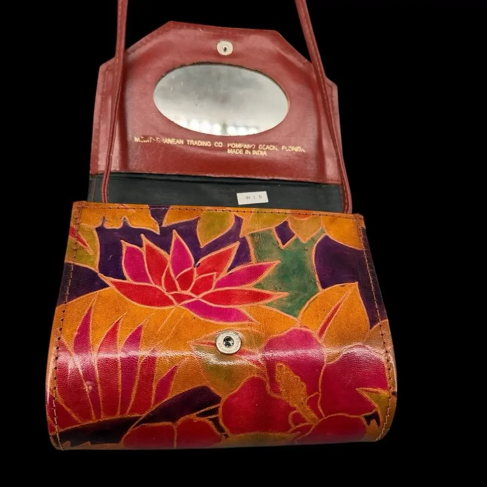 Vtg Leather Crossbody Bag Mirror Hand Painted Animals Floral Artsy Boho - Picture 2 of 13